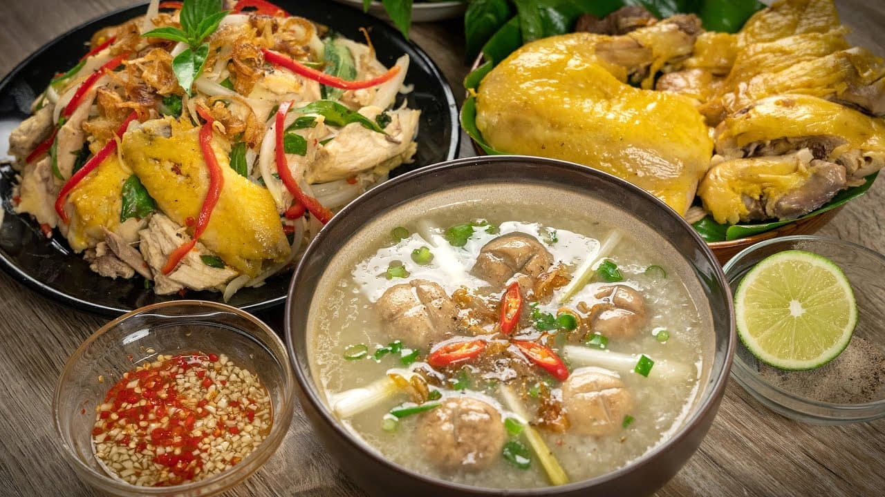 Cháo gà nấm và Gỏi gà
