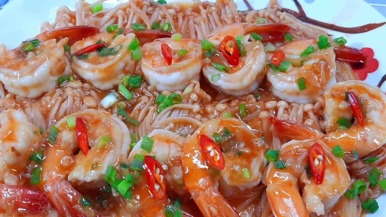 Tôm Rim Tương Nấm Kim Châm